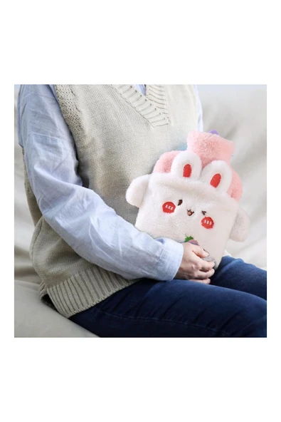 Tavşan Figürlü Yumuşak Peluş Eldivenli Sıcak Su Torbası Sevgililer Günü Hediyesi - 5