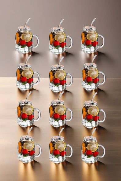 12'li Kavanoz Bardak 12'li Pipet Hediyeli Set Model Kokteyl Soğuk Kahve Meşrubat Bardak Seti 350 ml - 3