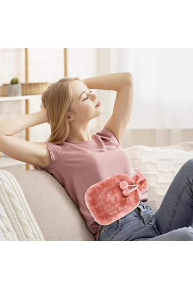 2 Litre Ponponlu Yumuşak Peluş Sıcak Su Torbası Pembe - 4