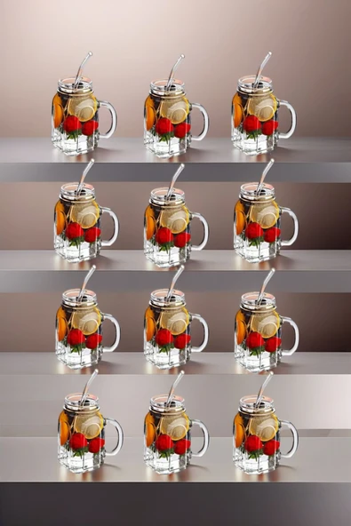 12'li Kavanoz Bardak 12'li Pipet Hediyeli Set Model Kokteyl Soğuk Kahve Meşrubat Bardak Seti 350 ml - 4