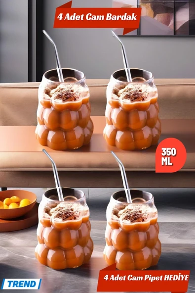 4 Adet Üzüm Model Borosilikat Kokteyl  Soğuk Sıcak Kahve Meşrubat Bardağı 4 Cam Pipet Hediye 350 ML