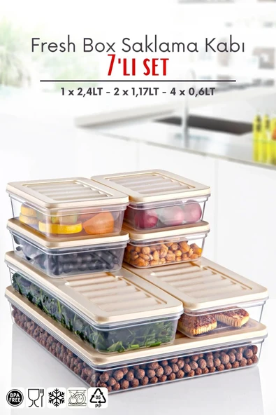 7'li Set Freshbox Mikroldaga Ve Difrize Uygun Saklama Kabı X1 2,4 Lt / X2 1,17 Lt / X4 0,6 Lt Krem ürün görseli 1