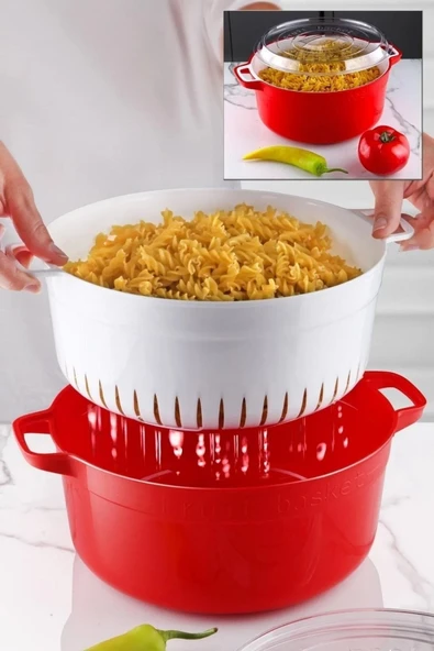 Yuvarlak Tencere Model Süzgeçli Meyve - Sebze Saklama Kabı Kırmızı