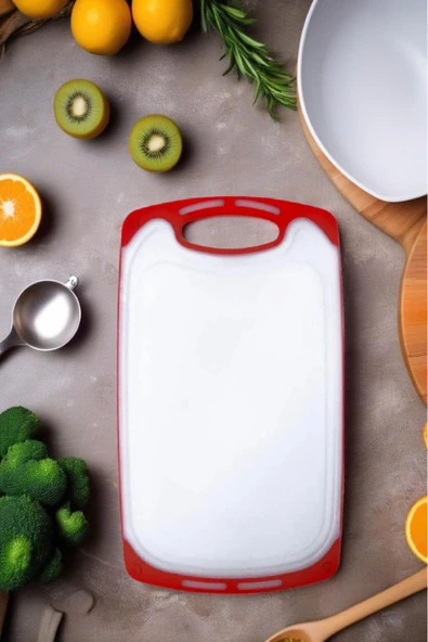 1 Adet Plastik, Kaydırmaz, Kesme Panosu/ Kesme Tahtası Kırmızı&Beyaz 40x24 - 3