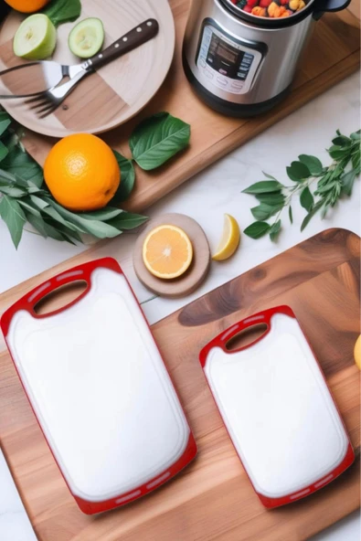 2'li Sert Plastik, Kaydırmaz, Kesme Panosu/ Kesme Tahtası Kırmızı&Beyaz - 2