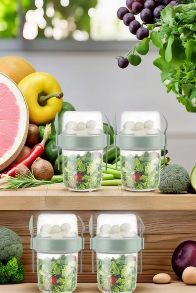 4 Adet Diyet & Kahvaltı Için Çatal & Kaşıklı Kapaklı Yoğurt Müsli Salata Meyve Saklama Kabı - 800 ml - 2