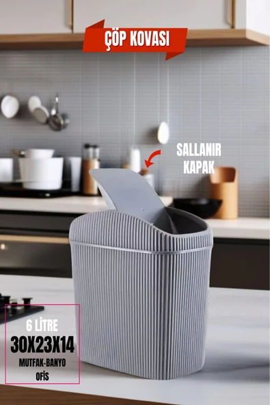6 Lt Çöp Kovası, Mutfak, Banyo, Tuvalet, Ofis Çöp Kutusu Gri