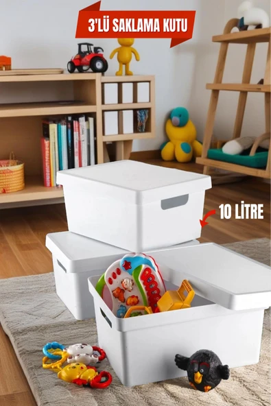 3 Adet Beyaz Kapaklı Oyuncak Kutusu 10 Lt.