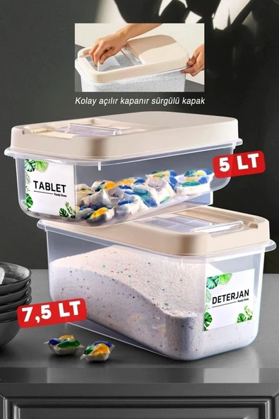 Kolay Kayar Kapaklı Etiketli 2'li Set Multibox Tablet/deterjan Saklama Kutusu Bej