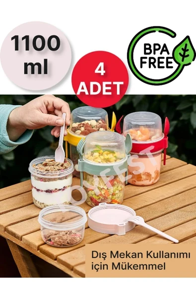 4 ADET Diyet & Kahvaltı için Çatal & Kaşıklı Kapaklı Yoğurt Müsli Salata Meyve Saklama Kabı - 1100ml - 5