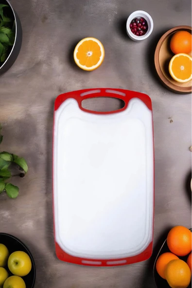 1 Adet Plastik, Kaydırmaz, Kesme Panosu/ Kesme Tahtası Kırmızı&Beyaz 40x24 - 2