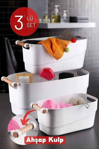 3'lü Set Ahşap Kulplu Çok Amaçlı Düzenleyici Retro Sepet Beyaz