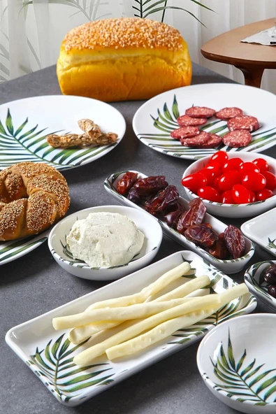 14 Parça 6 Kişilik Handmade Dağ Palmiyesi Desen Kahvaltı Takımı - Lüx Kahvaltılık Sunum Seti - 3