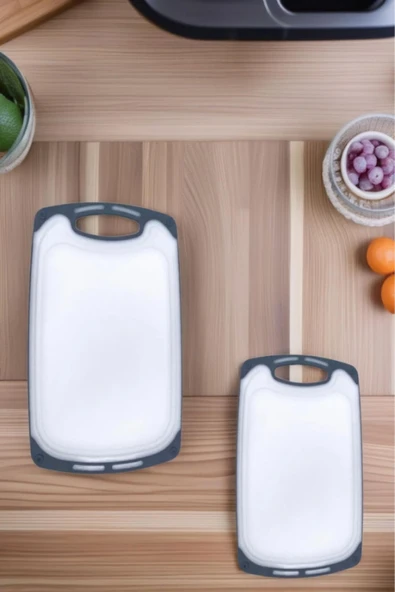 2'li Sert Plastik, Kaydırmaz, Kesme Panosu/ Kesme Tahtası Gri&Beyaz - 4