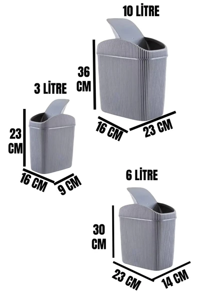 3'lü Çöp Kovası, Mutfak, Banyo, Tuvalet, Ofis Çöp Kutusu Gri - 5