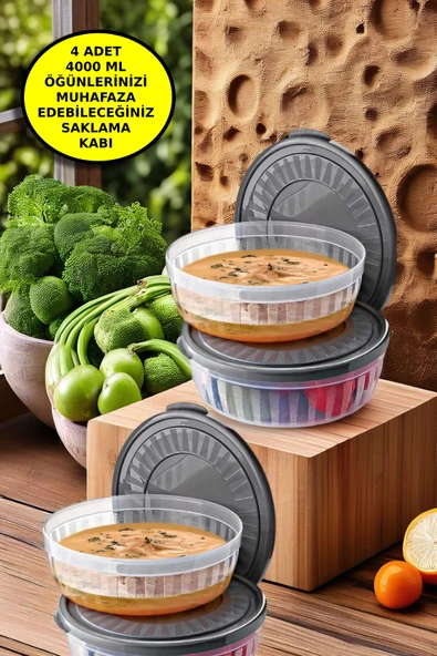 4 Adet Kapaklı Yuvarlak Saklama Kabı Seti - Kase Mikrodalga & Difriz Uyumlu 4 Lt Şeffaf