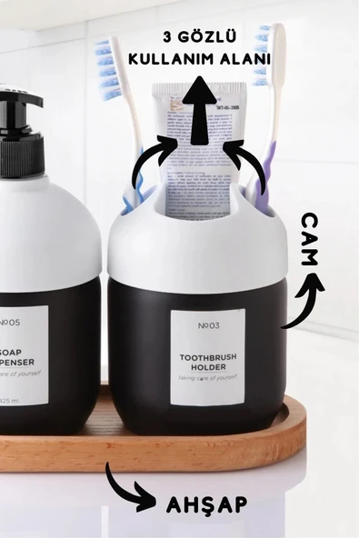 Lüks Ahşap Altlıklı Cam 2'Li Set Cool Sabun ve Diş Fırçalık - Banyo Seti BEYAZ - 3