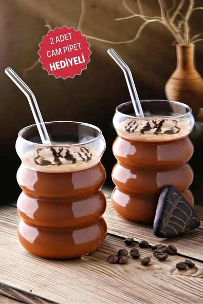 2 Adet Boğumlu Model Borosilikat Kokteyl ve Soğuk-Sıcak Kahve Bardağı Pipet 300Ml