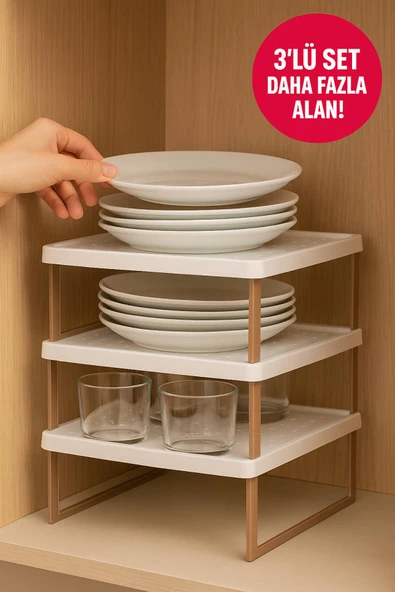 3'lü Raf Yükseltici Set – Beyaz Tabla Açık Kahverengi Ayak | Mutfak Dolabı ve Tezgâh Düzenleyici - 5