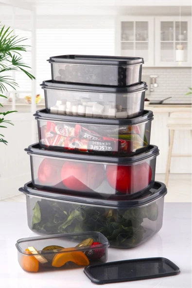 6 Lı Dikdörtgen Antrasit Saklama Kabı Seti 300 Ml-500 ml 800 ml 1200 ml 1900 ml 2900 ml - 2