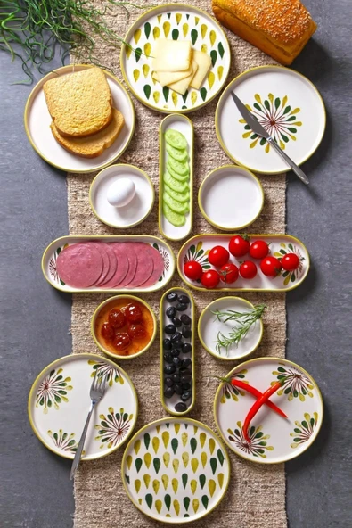 14 Parça 6 Kişilik Lüx Kahvaltılık Sunum Seti - Yeşil Nokta Kahvaltı Takımı