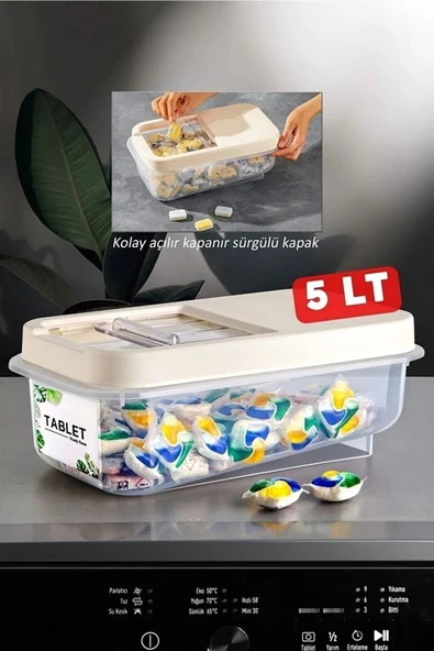 5 Lt Kayar Kapaklı Tablet Deterjan Saklama Kabı - Etiketli Deterjan Saklama Kutusu Krem