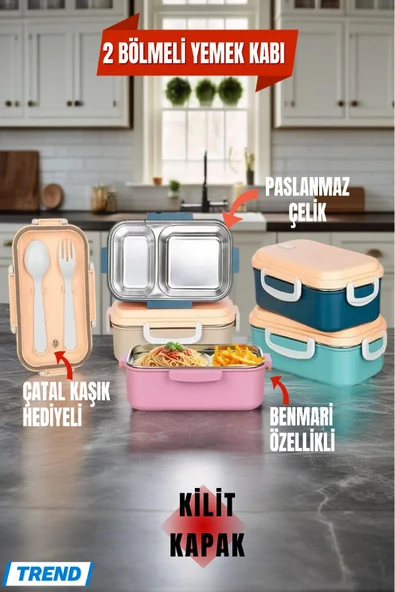 1 Adet Benmarili Paslanmaz Çelik Yemek Kabı 2 Bölmeli Beslenme Kabı Saklama Kabı Lunch Box ürün görseli 1