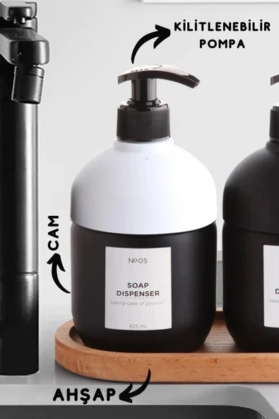 Lüks Ahşap Altlıklı Cam 2'Li Set Cool Sabunluk - Mutfak Seti SİYAH-BEYAZ - 2