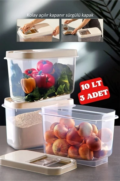 3 Adet Multibox 10 Lt Kolay Kayar Kapaklı Çok Amaçlı Erzak, Bakliyat Vs. Saklama Kabı