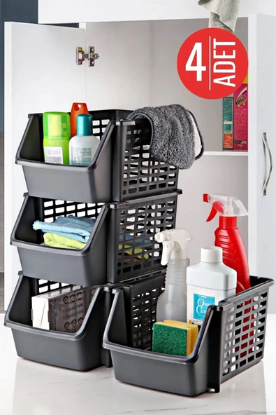 4 Adet Antrasit Çok Amaçlı Dolap Içi, Evye Altı Ve Buzdolabı Içi Katlı Düzenleyici