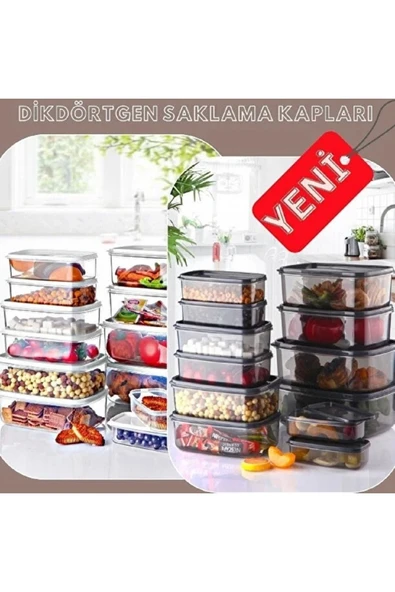 24'lü Set Dikdörtgen Saklama Kabı Seti Siyah & Beyaz