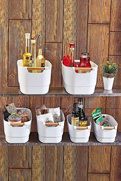 3'lü Set Ahşap Kulplu Çok Amaçlı Düzenleyici Retro Sepet Beyaz - 2
