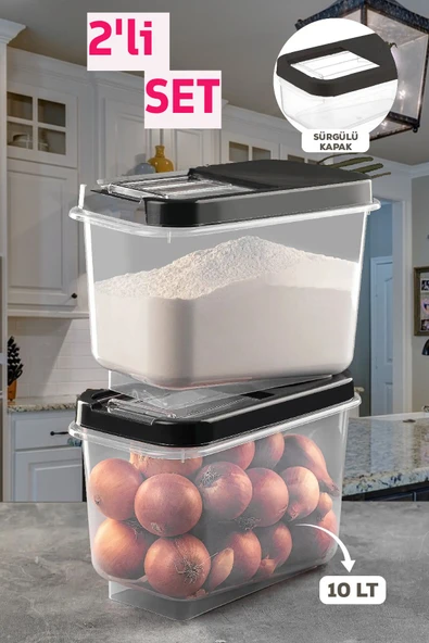 2 Adet 10 Lt Kolay Kayar Kapaklı Multibox Erzak Bakliyat Vs. Saklama Kabı Antrasit ürün görseli 1