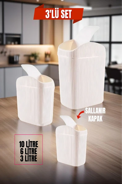 3'lü Çöp Kovası, Mutfak, Banyo, Tuvalet, Ofis Çöp Kutusu Krem