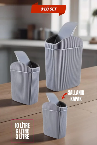 3'lü Çöp Kovası, Mutfak, Banyo, Tuvalet, Ofis Çöp Kutusu Gri