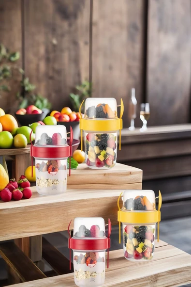 4 ADET Diyet & Kahvaltı için Çatal & Kaşıklı Kapaklı Yoğurt Müsli Salata Meyve Saklama Kabı - 1100ml - 4