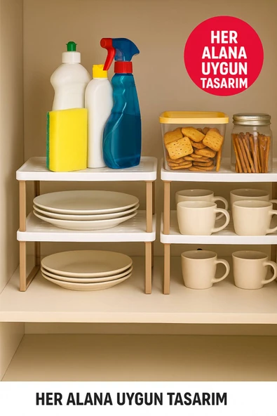 1 Adet Raf Yükseltici Set – Beyaz Tabla Açık Kahverengi Ayak | Mutfak Dolabı ve Tezgâh Düzenleyici - 3