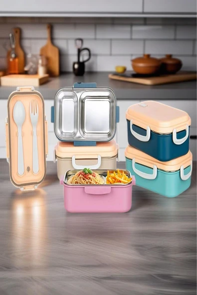 1 Adet Benmarili Paslanmaz Çelik Yemek Kabı 2 Bölmeli Beslenme Kabı Saklama Kabı Lunch Box - Resim 2