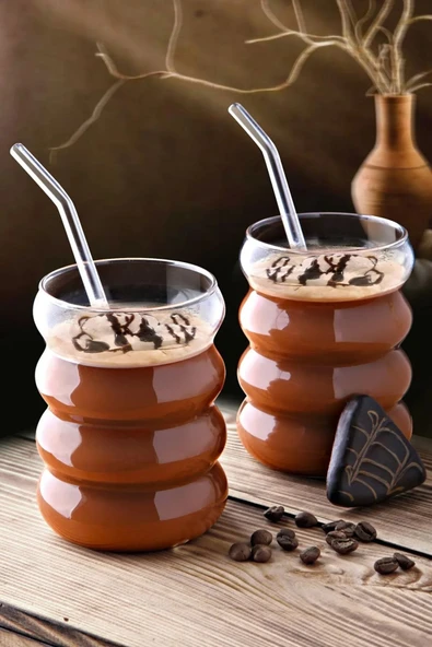 2 Adet Boğumlu Model Borosilikat Kokteyl ve Soğuk-Sıcak Kahve Bardağı Pipet 300Ml - 2