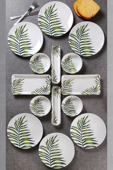 14 Parça 6 Kişilik Handmade Dağ Palmiyesi Desen Kahvaltı Takımı - Lüx Kahvaltılık Sunum Seti - 2