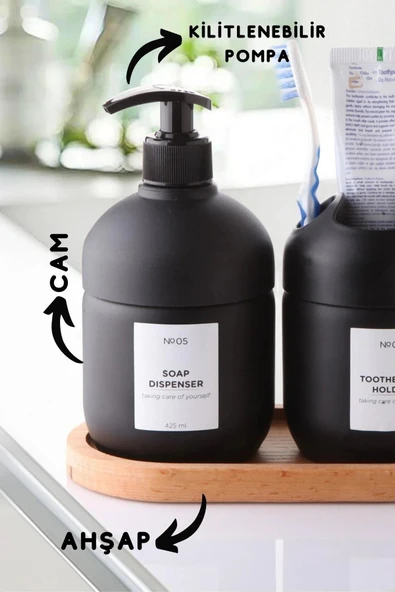 Lüks Ahşap Altlıklı Cam 2'Li Set Cool Sabun ve Diş Fırçalık - Banyo Seti SİYAH - 2