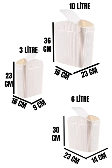 3'lü Çöp Kovası, Mutfak, Banyo, Tuvalet, Ofis Çöp Kutusu Krem - 5