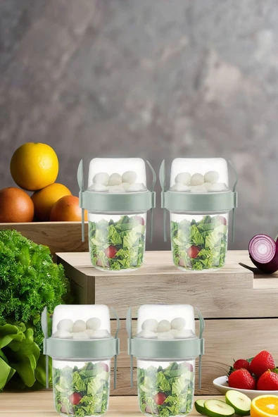 4 Adet Diyet & Kahvaltı Için Çatal & Kaşıklı Kapaklı Yoğurt Müsli Salata Meyve Saklama Kabı - 800 ml - 4