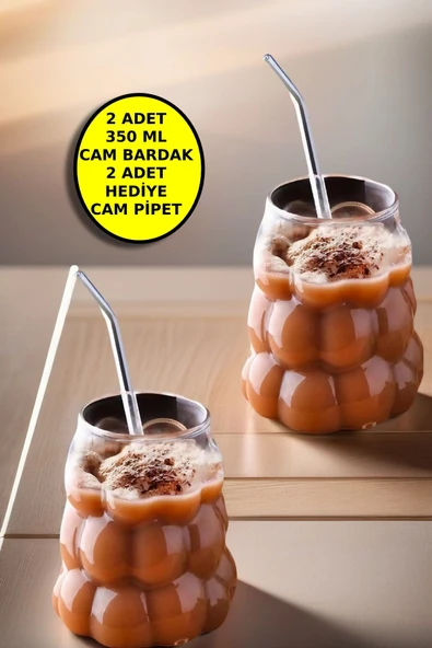 2 Adet Üzüm Model Borosilikat Kokteyl ve Soğuk-Sıcak Kahve Bardağı Pipet Hediyeli 350 Ml - 2