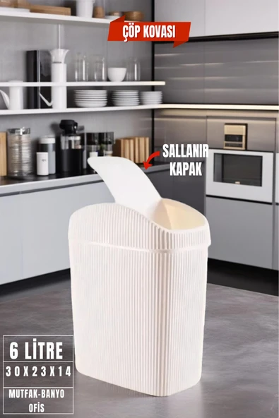 6 Lt Çöp Kovası, Mutfak, Banyo, Tuvalet, Ofis Çöp Kutusu Krem