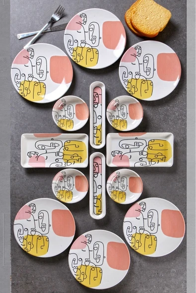 14 Parça 6 Kişilik Handmade Demet Desen Kahvaltı Takımı - Lüx Kahvaltılık Sunum Seti - 4