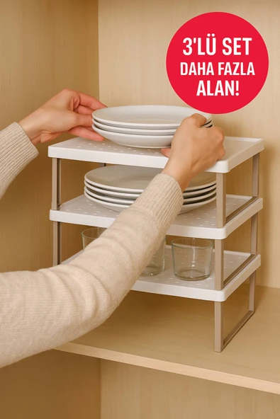 3'lü Raf Yükseltici Set – Beyaz Tabla Açık Kahverengi Ayak | Mutfak Dolabı ve Tezgâh Düzenleyici - 3