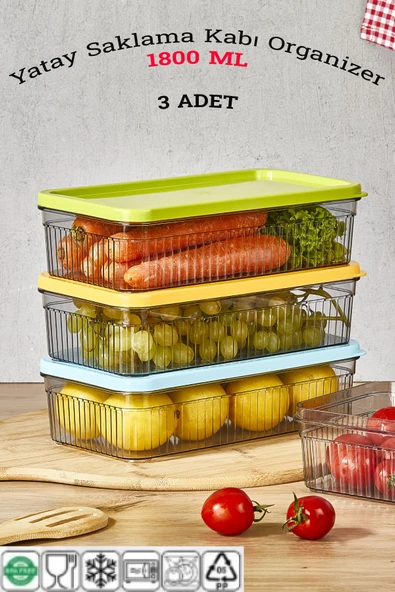 3'lü 1800 ml Buzdolabı Organizer -Saklama Kabı