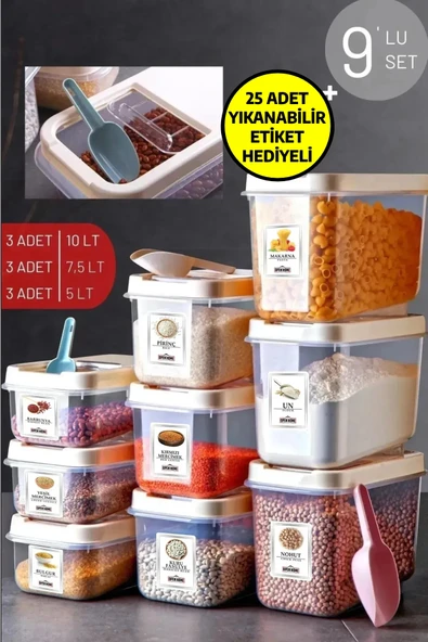 9'lu Çeyiz Seti - Bakliyat Saklama Kabı - Kayar Kapaklı Erzak Kabı Antrasit 3x(5 LT-7,5 LT-10 LT)