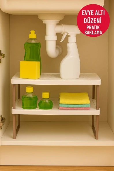 1 Adet Raf Yükseltici Set – Beyaz Tabla Açık Kahverengi Ayak | Mutfak Dolabı ve Tezgâh Düzenleyici - 4
